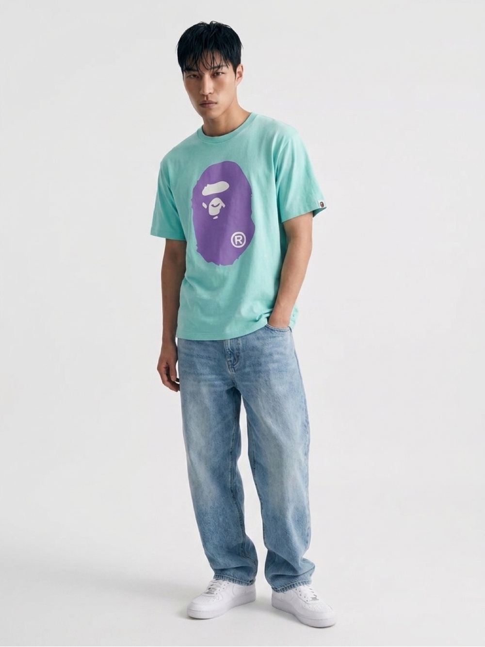 BAPE A Bathing Ape: Big Ape Head Short Sleeve Tee in Sax (Aqua/Grape/White) XXL